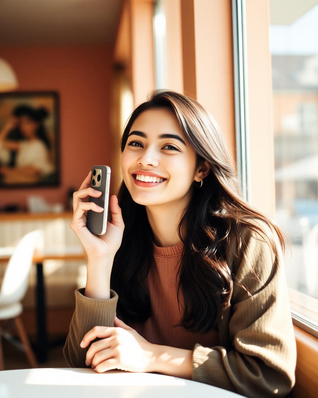 Ragazza al telefono in un caffè